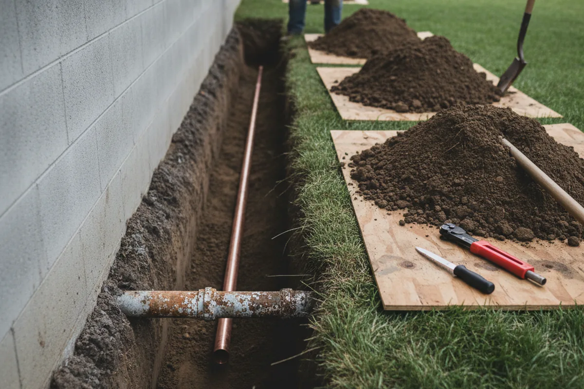 Excavated water line trench during Water Softener Installation in Mazomanie